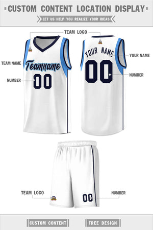 Custom White Navy-Powder Blue Sleeve Color Blocking Classic Sports Uniform Basketball Jersey