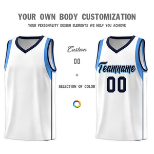 Custom White Navy-Powder Blue Sleeve Color Blocking Classic Sports Uniform Basketball Jersey