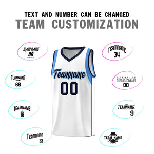 Custom White Navy-Powder Blue Sleeve Color Blocking Classic Sports Uniform Basketball Jersey