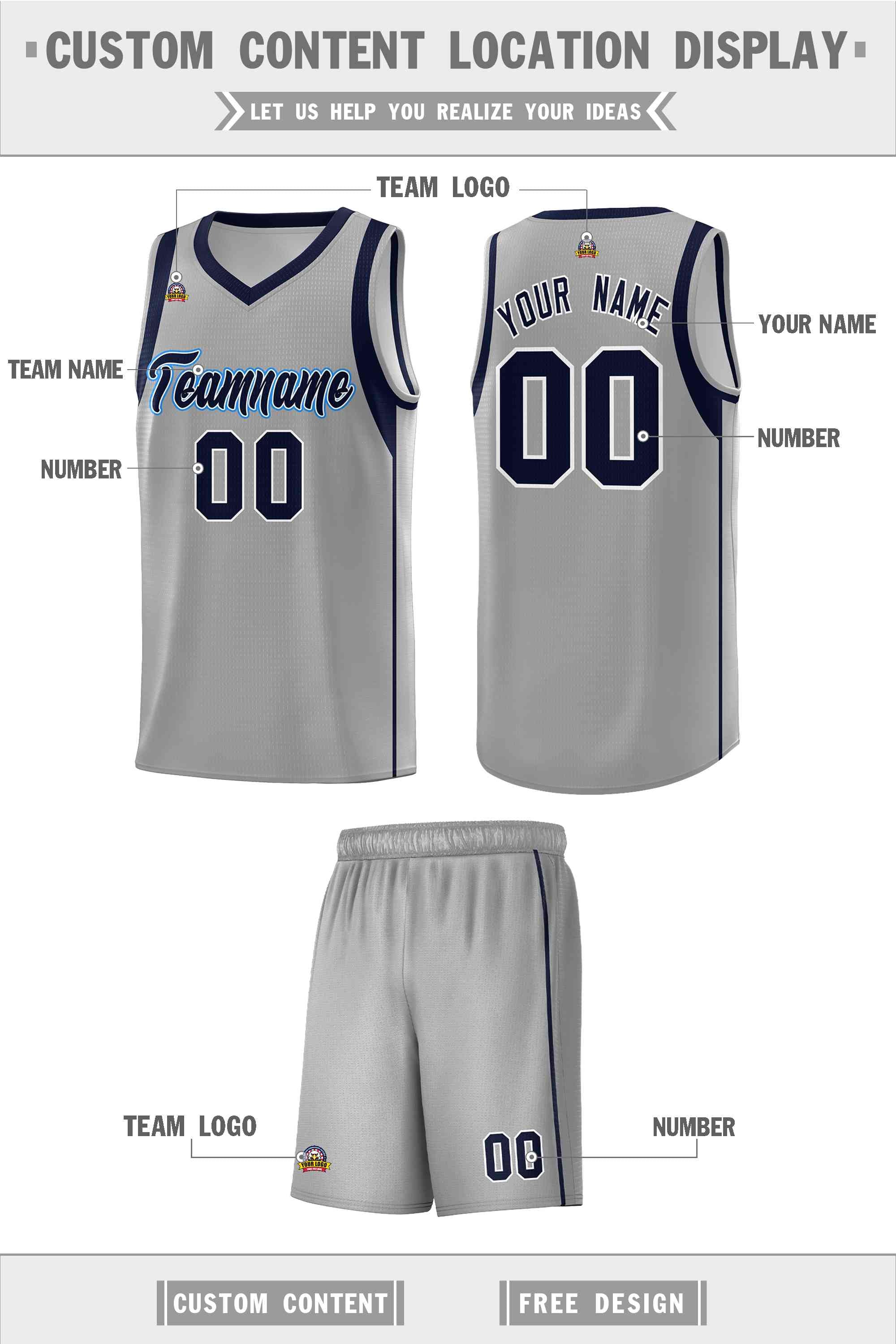 Custom Gray Navy-White Sleeve Color Blocking Classic Sports Uniform Basketball Jersey