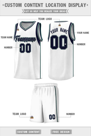 Custom White Navy-Gray Sleeve Color Blocking Classic Sports Uniform Basketball Jersey