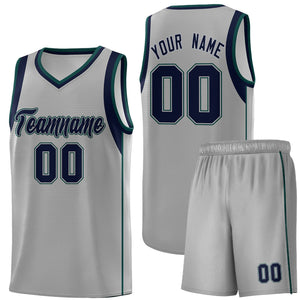 Custom Gray Navy-Green Sleeve Color Blocking Classic Sports Uniform Basketball Jersey