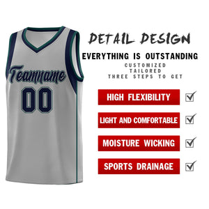 Custom Gray Navy-Green Sleeve Color Blocking Classic Sports Uniform Basketball Jersey