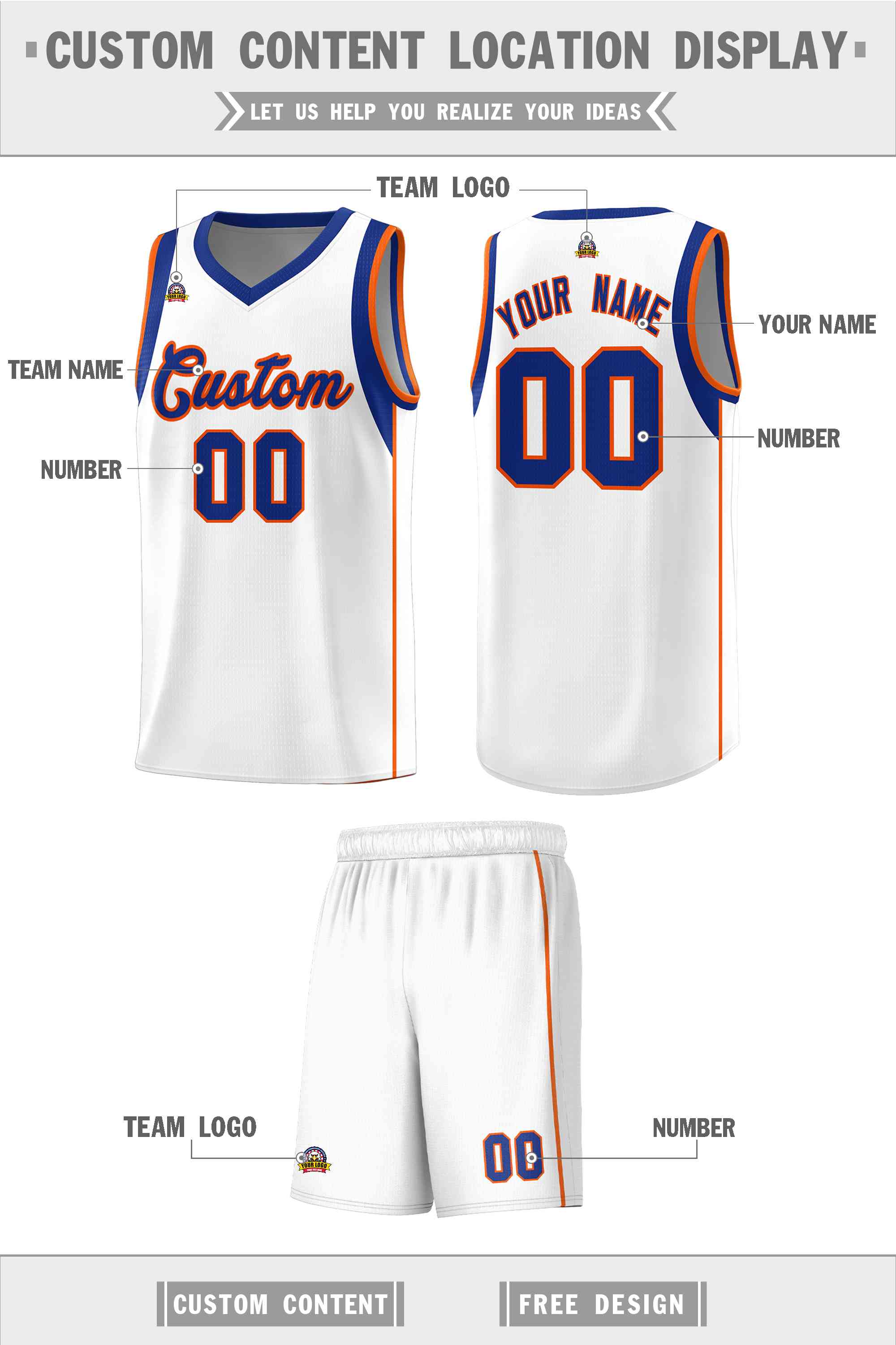 Custom White Royal-Orange Sleeve Color Blocking Classic Sports Uniform Basketball Jersey