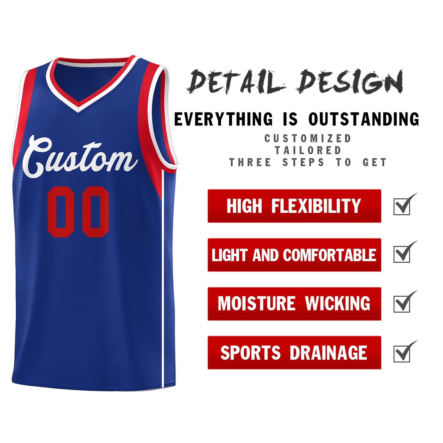 Custom Royal White-Red Sleeve Color Blocking Classic Sports Uniform Basketball Jersey