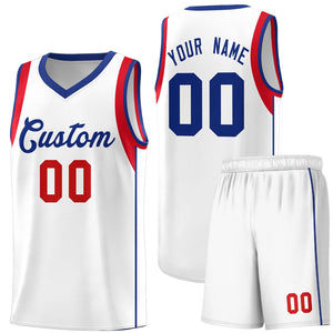 Custom White Royal-Red Sleeve Color Blocking Classic Sports Uniform Basketball Jersey