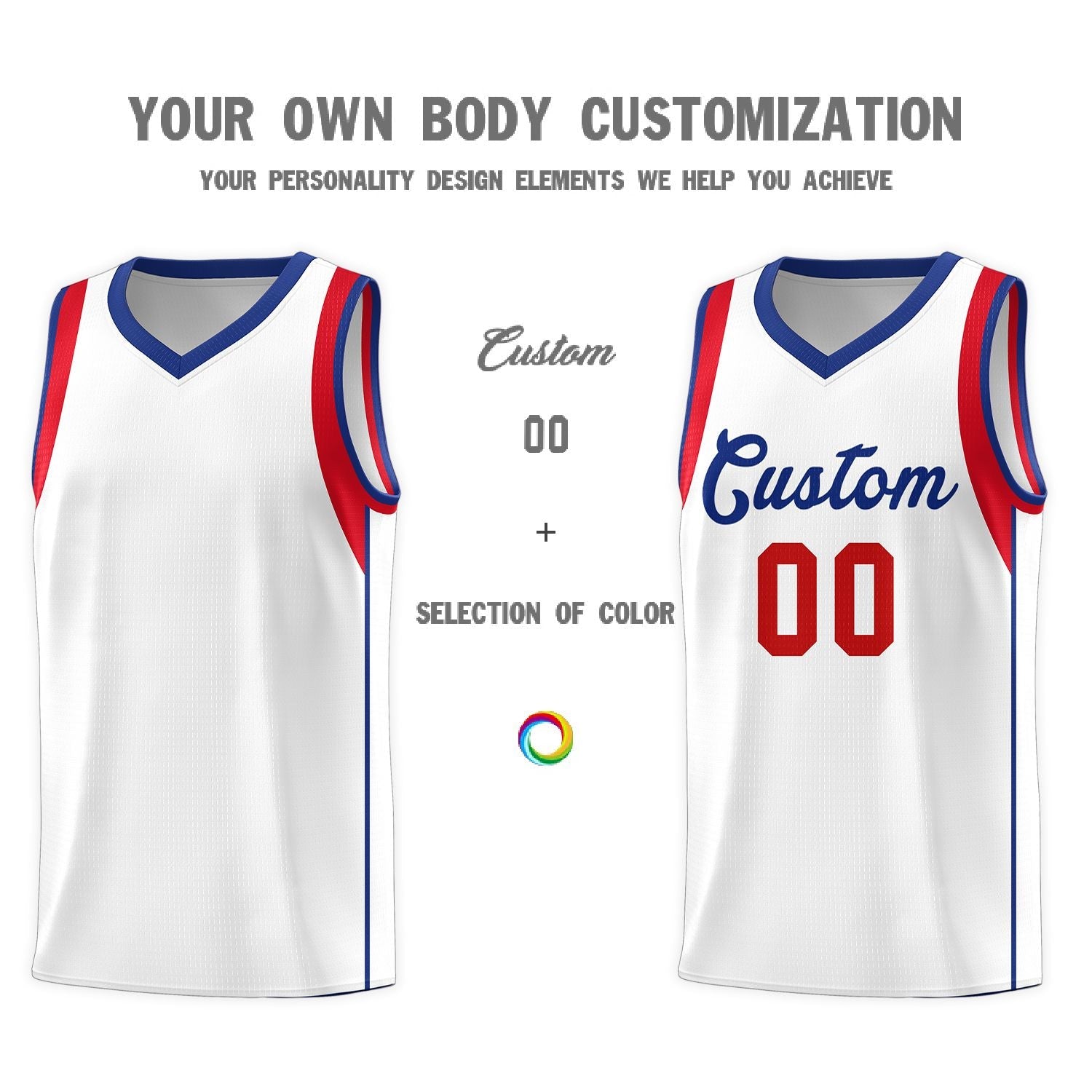 Custom White Royal-Red Sleeve Color Blocking Classic Sports Uniform Basketball Jersey