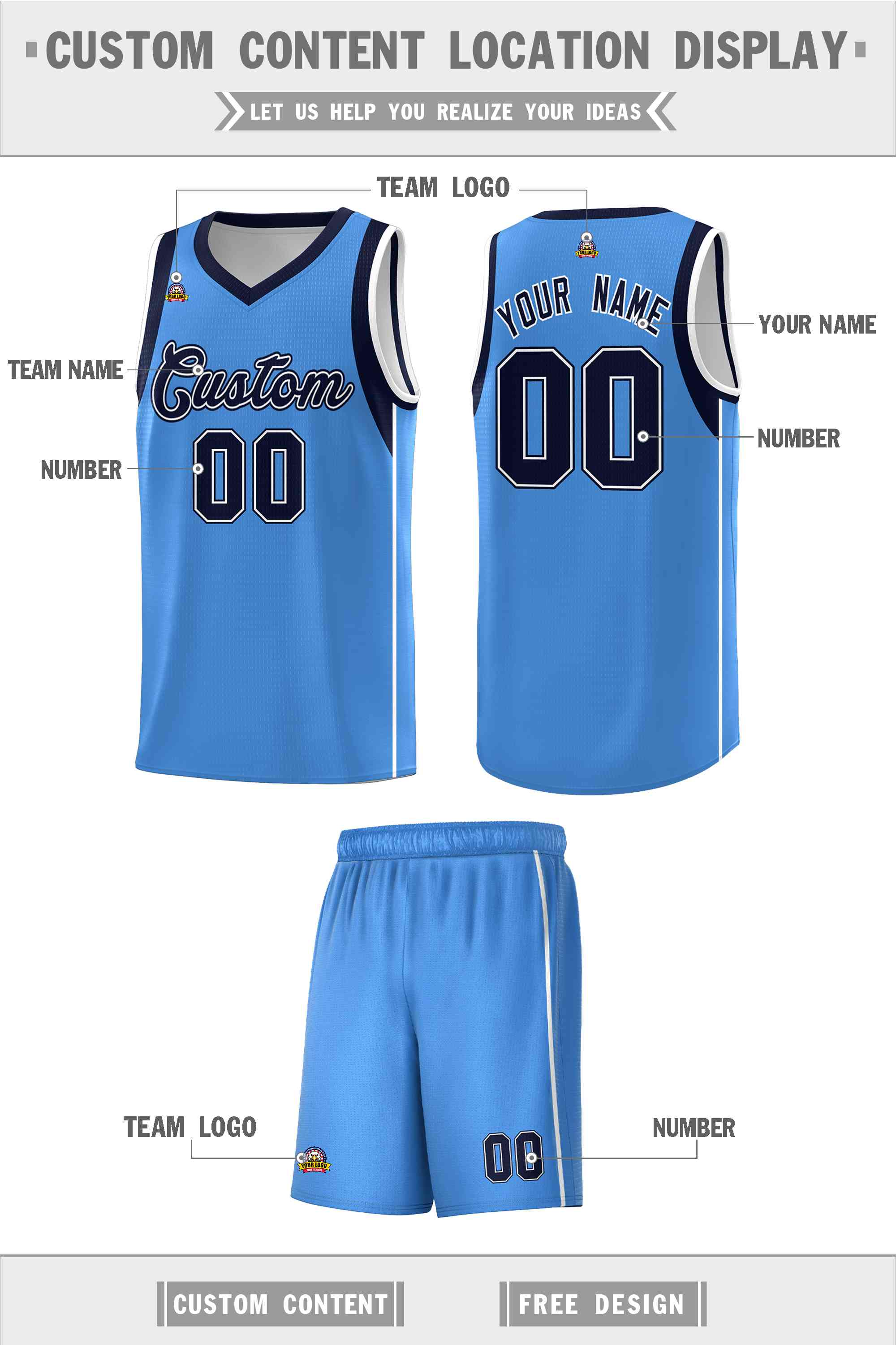 Custom Powder Blue Navy-White Sleeve Color Blocking Classic Sports Uniform Basketball Jersey