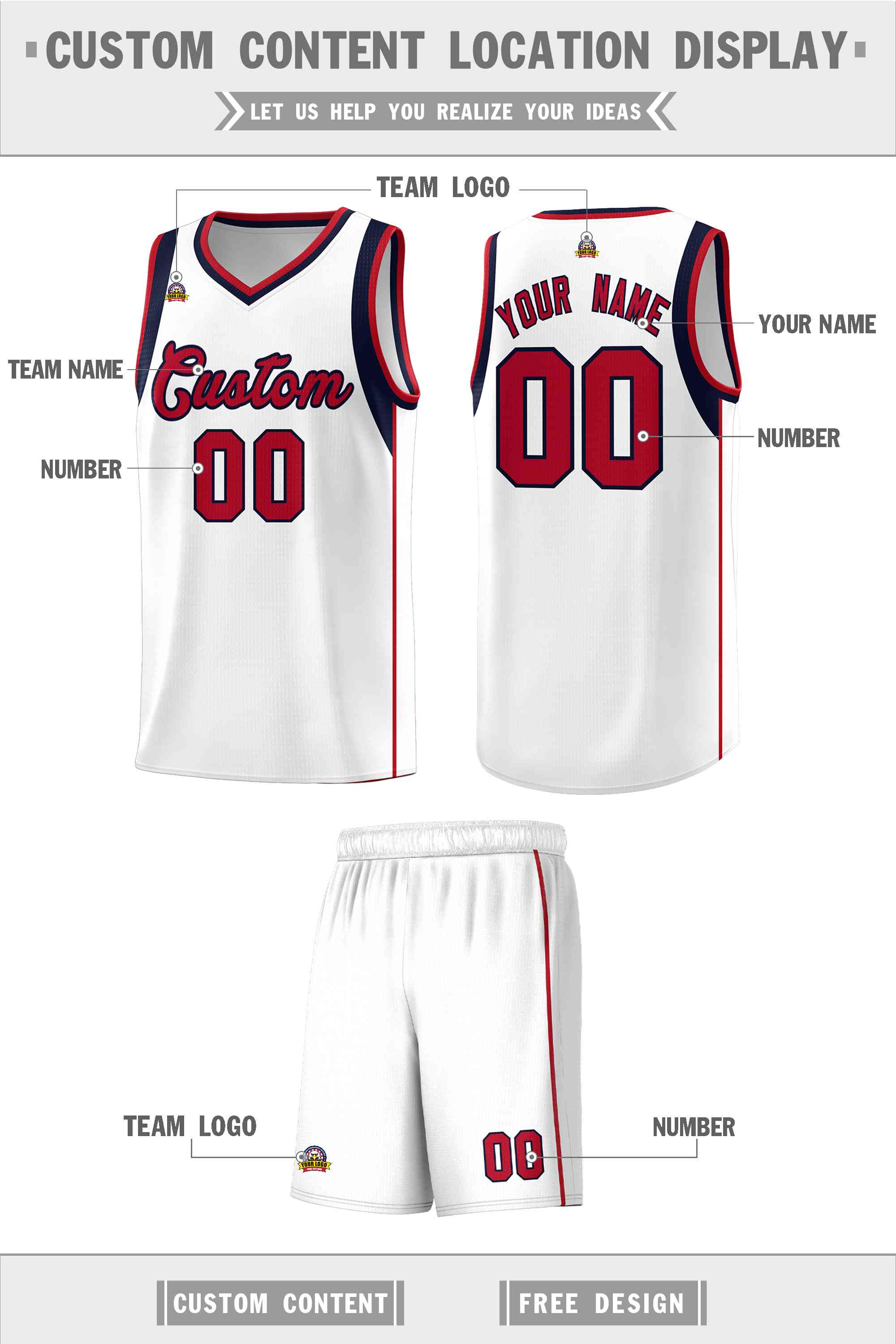 Custom White Navy-Red Sleeve Color Blocking Classic Sports Uniform Basketball Jersey