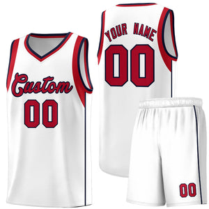 Custom White Red-Navy Sleeve Color Blocking Classic Sports Uniform Basketball Jersey