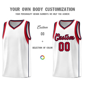 Custom White Red-Navy Sleeve Color Blocking Classic Sports Uniform Basketball Jersey