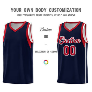 Custom Navy Red-White Sleeve Colorblocking Classic Sports Uniform Basketball Jersey