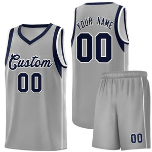 Custom Gray Navy-White Sleeve Color Blocking Classic Sports Uniform Basketball Jersey