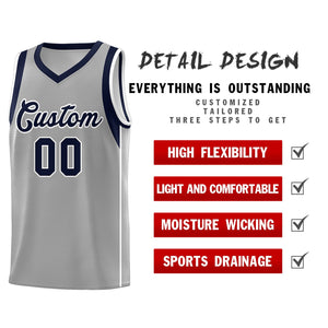 Custom Gray Navy-White Sleeve Color Blocking Classic Sports Uniform Basketball Jersey