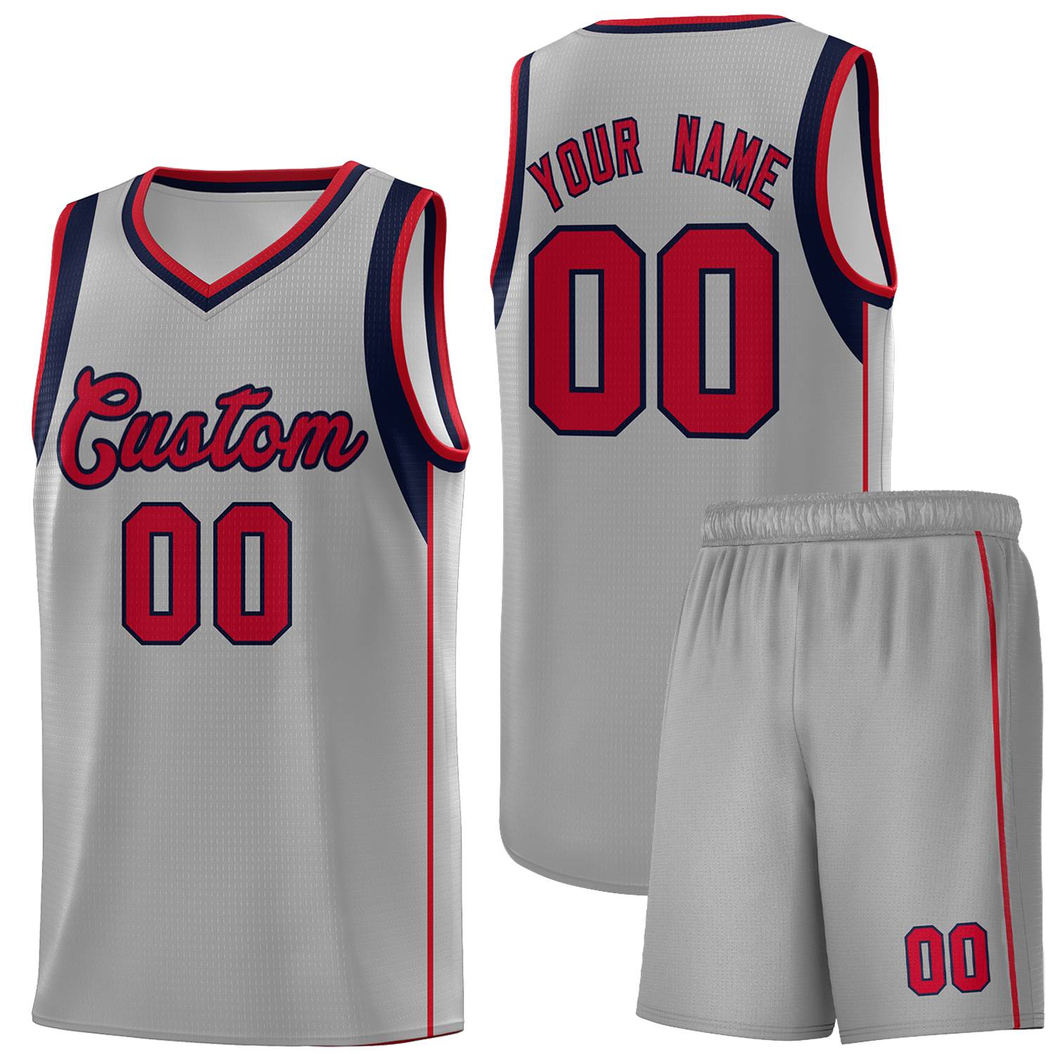 Custom Gray Navy-Red Sleeve Color Blocking Classic Sports Uniform Basketball Jersey