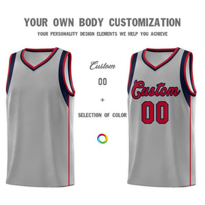 Custom Gray Navy-Red Sleeve Color Blocking Classic Sports Uniform Basketball Jersey