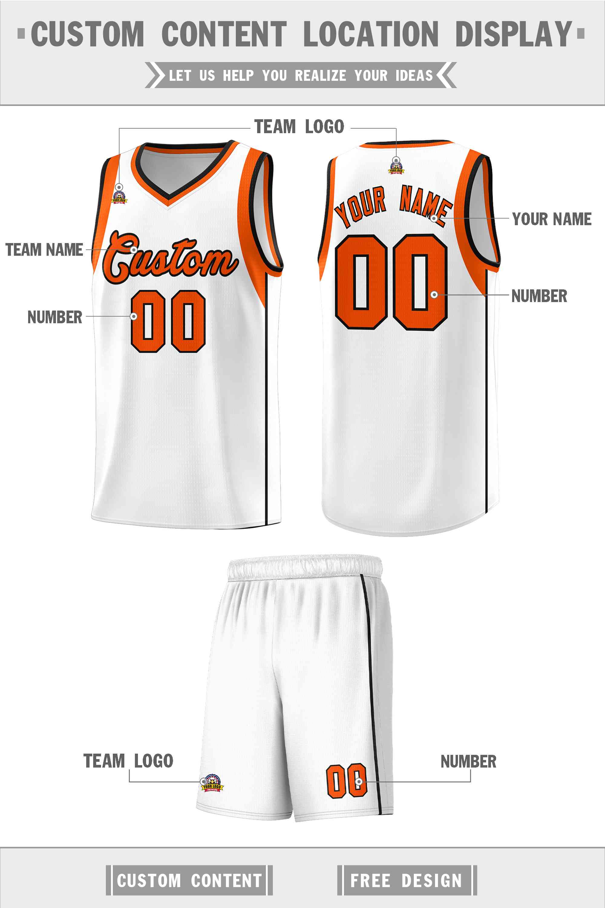 Custom White Orange-Black Sleeve Color Blocking Classic Sports Uniform Basketball Jersey