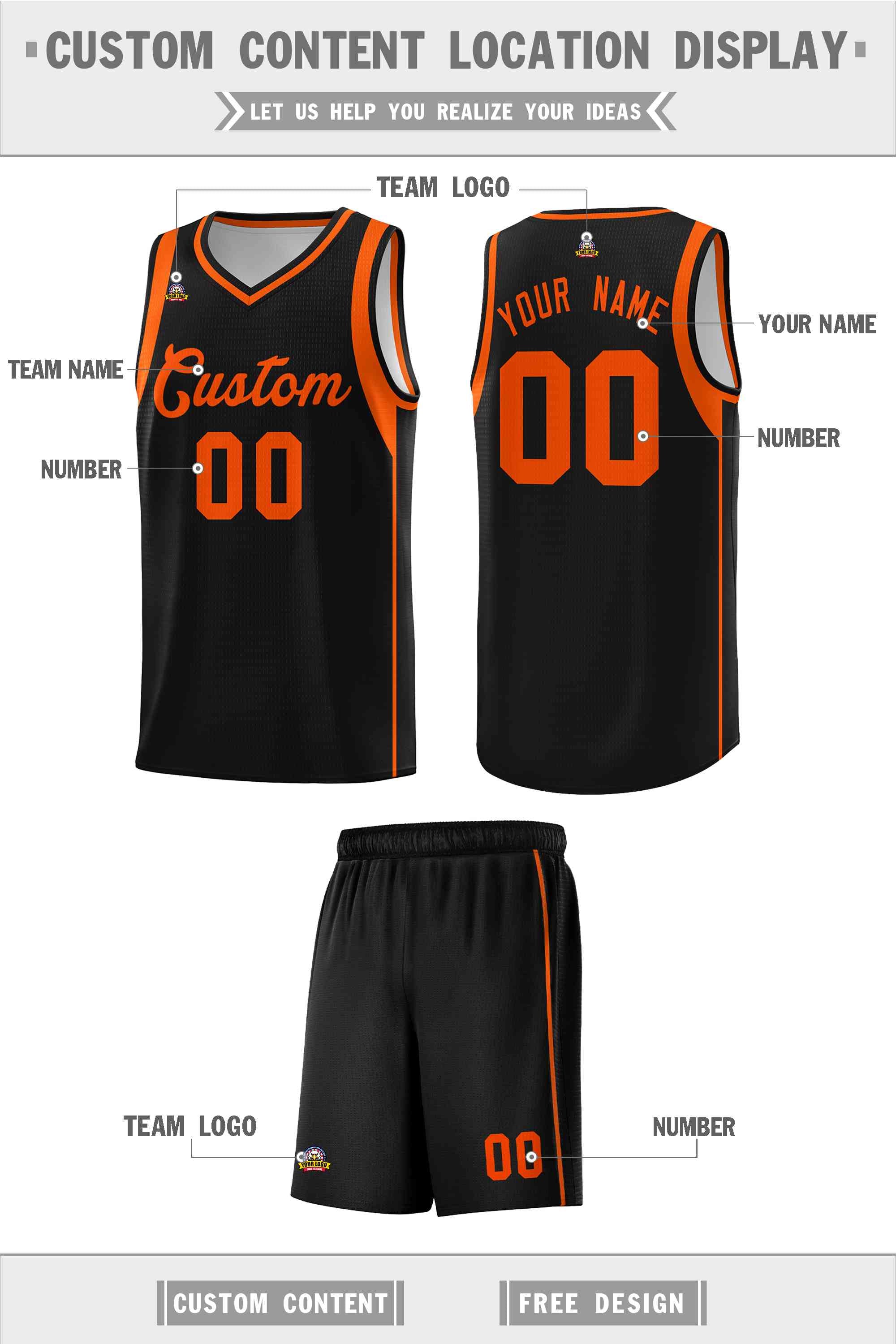 Custom Black Orange Sleeve Color Blocking Classic Sports Uniform Basketball Jersey