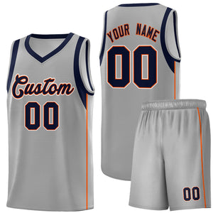 Custom Gray Navy-Orange Sleeve Colorblocking Classic Sports Uniform Basketball Jersey