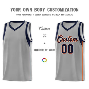 Custom Gray Navy-Orange Sleeve Color Blocking Classic Sports Uniform Basketball Jersey