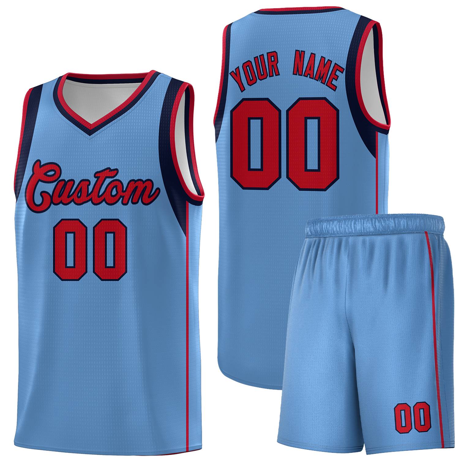 Custom Light Blue Navy-Red Sleeve Color Blocking Classic Sports Uniform Basketball Jersey