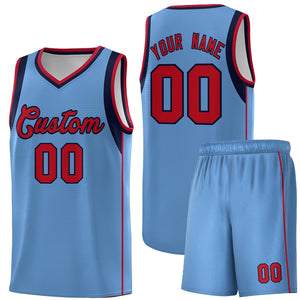 Custom Light Blue Navy-Red Sleeve Color Blocking Classic Sports Uniform Basketball Jersey