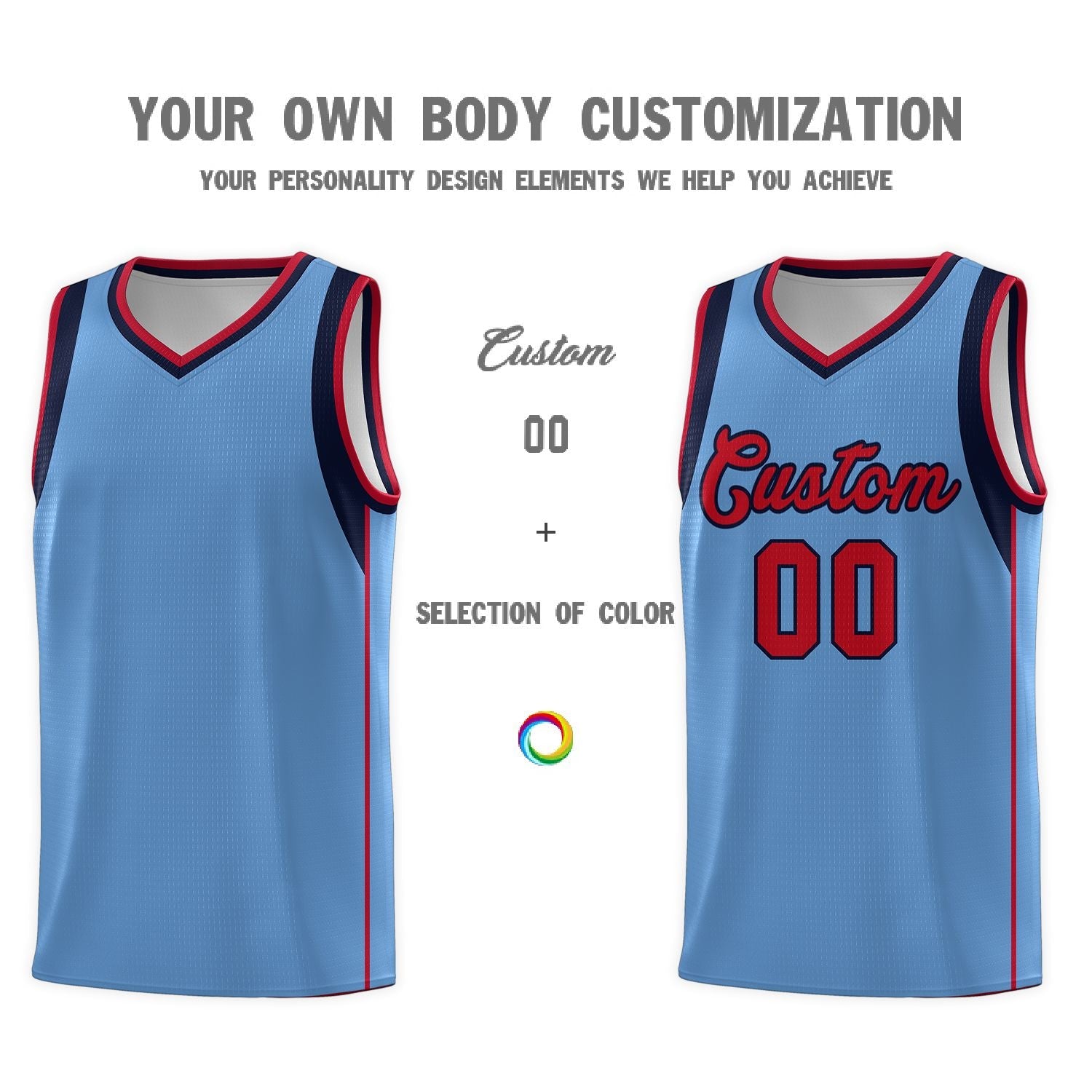 Custom Light Blue Navy-Red Sleeve Color Blocking Classic Sports Uniform Basketball Jersey