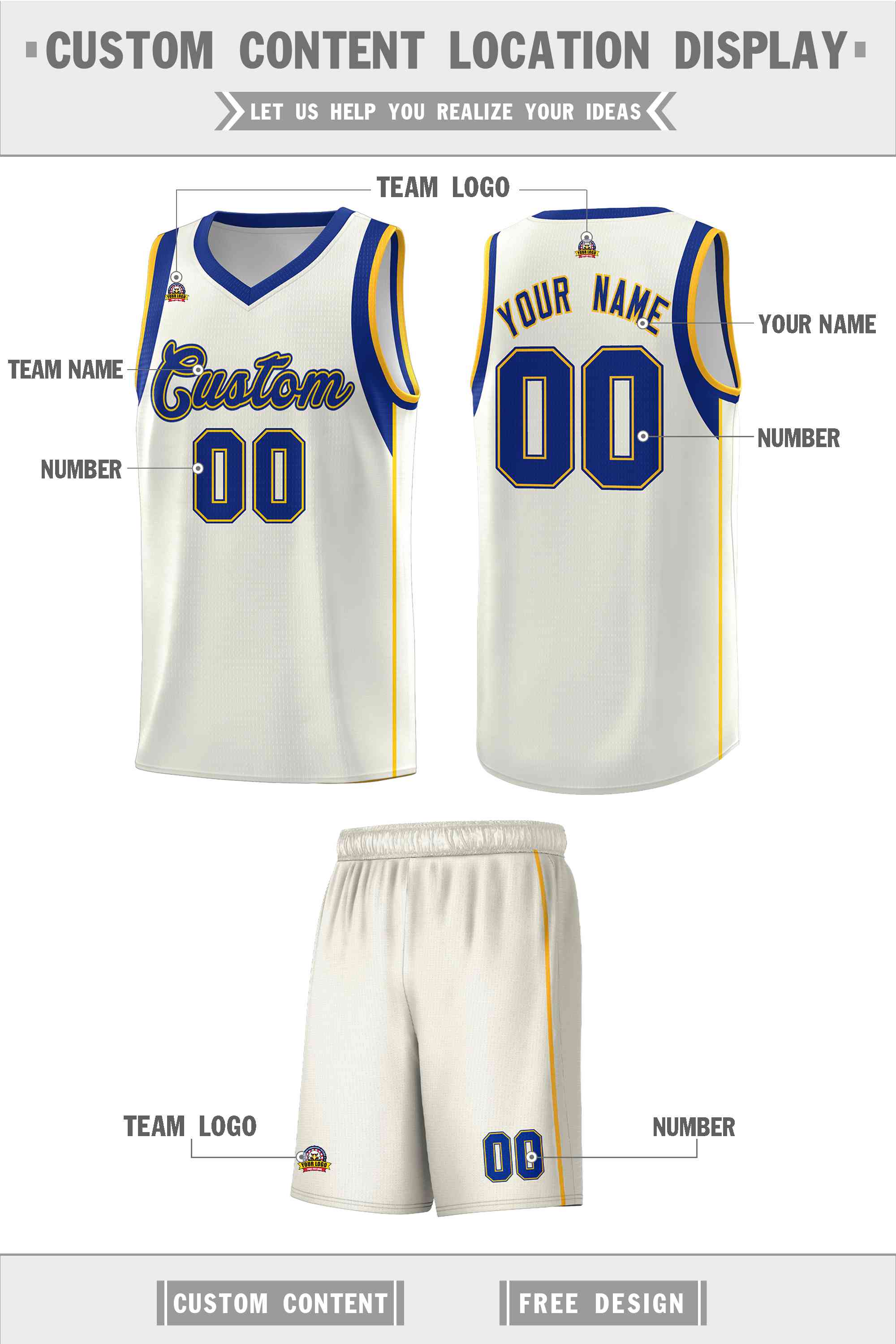 Custom Cream Royal-Gold Sleeve Color Blocking Classic Sports Uniform Basketball Jersey