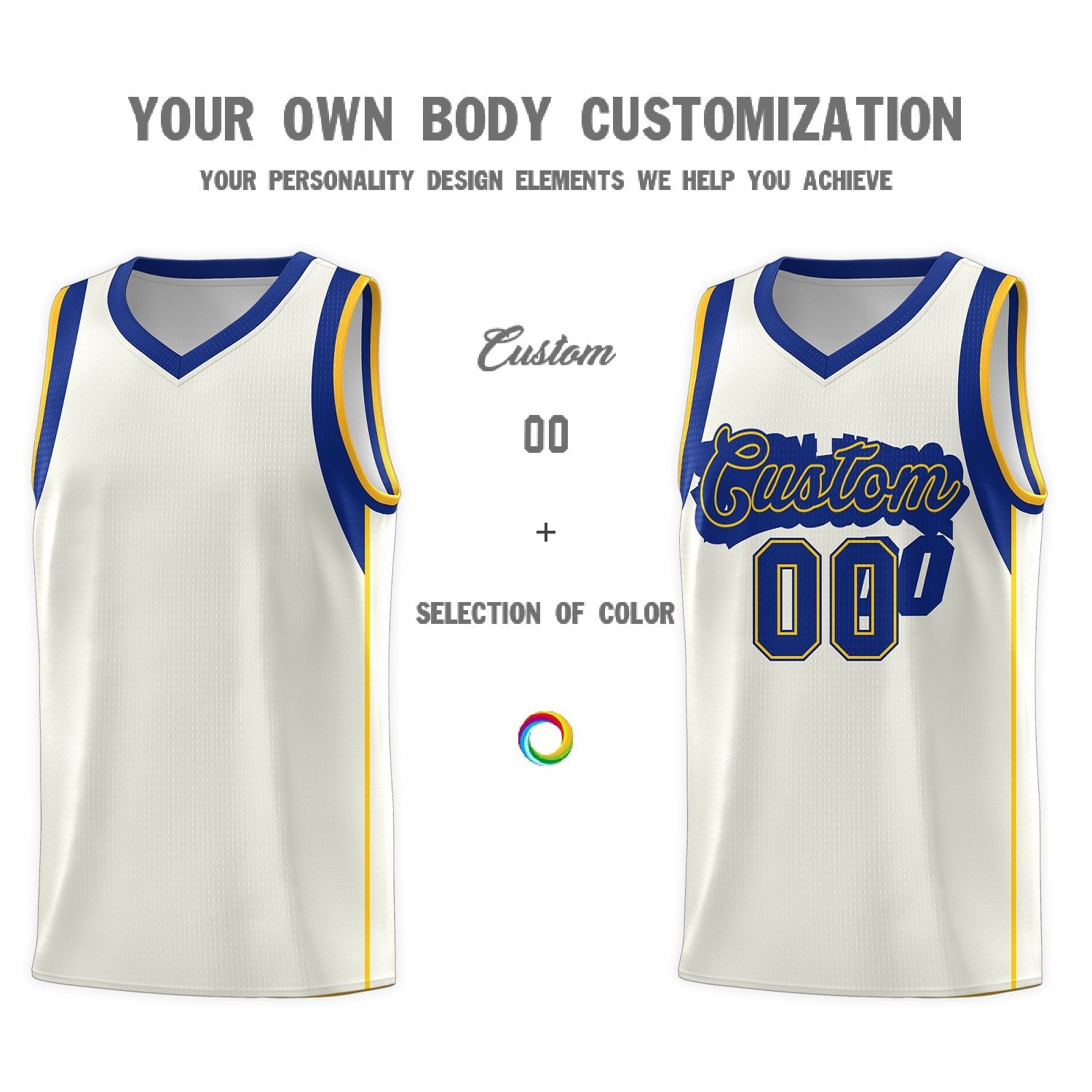 Custom Cream Royal-Gold Sleeve Color Blocking Classic Sports Uniform Basketball Jersey