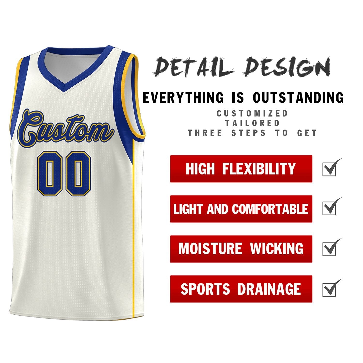 Custom Cream Royal-Gold Sleeve Color Blocking Classic Sports Uniform Basketball Jersey