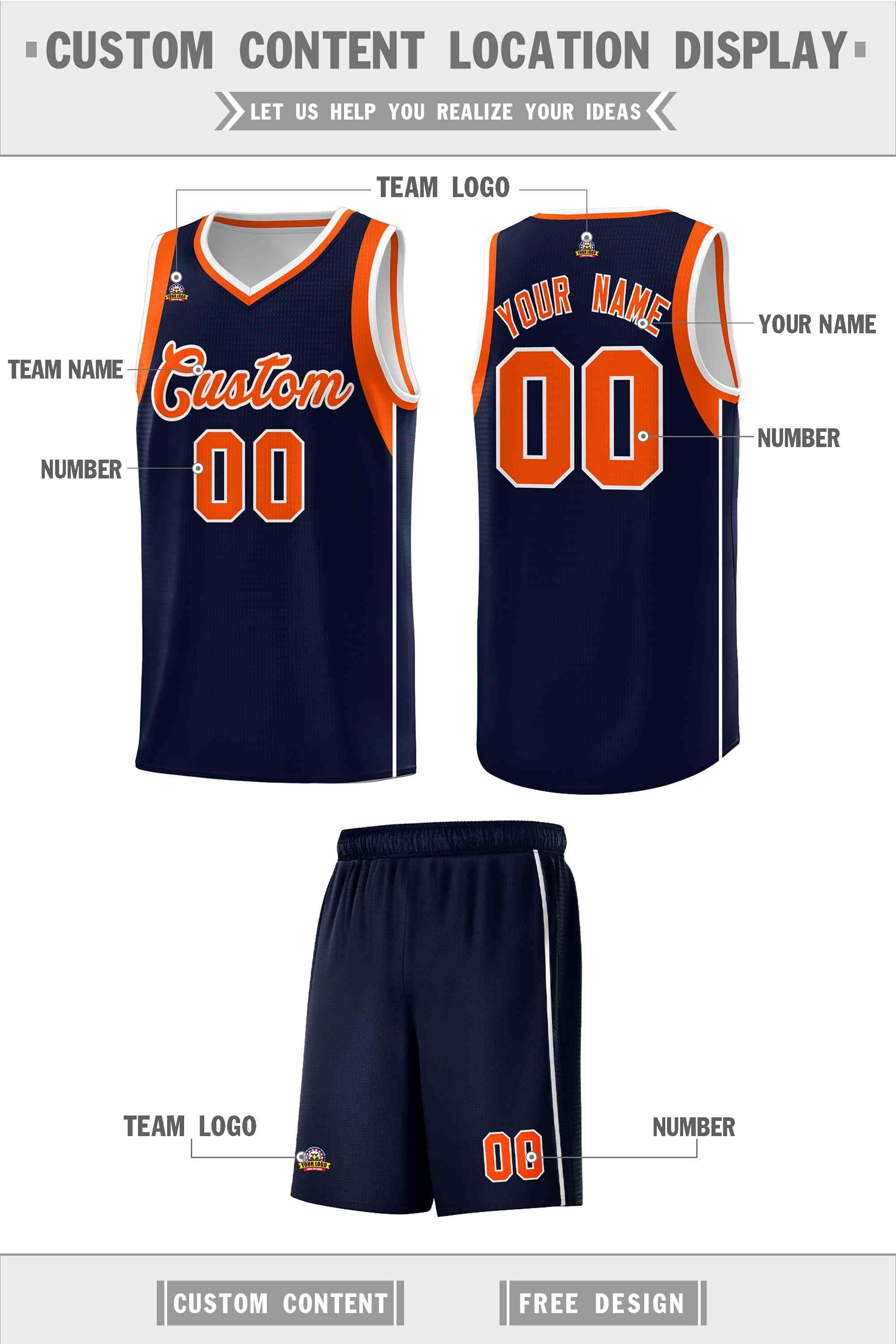 Custom Navy Orange-White Sleeve Color Blocking Classic Sports Uniform Basketball Jersey