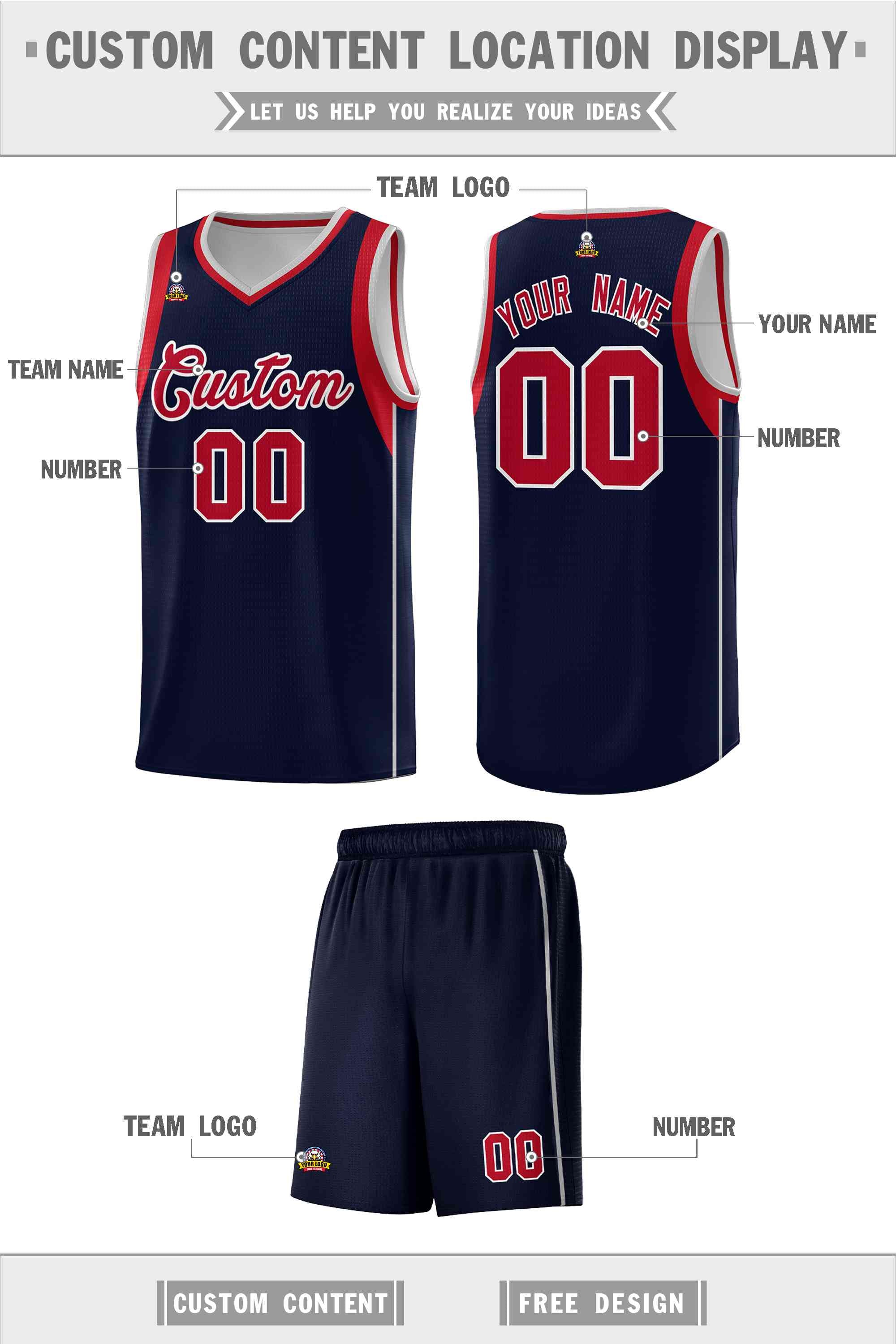 Custom Navy Red-Gray Sleeve Color Blocking Classic Sports Uniform Basketball Jersey