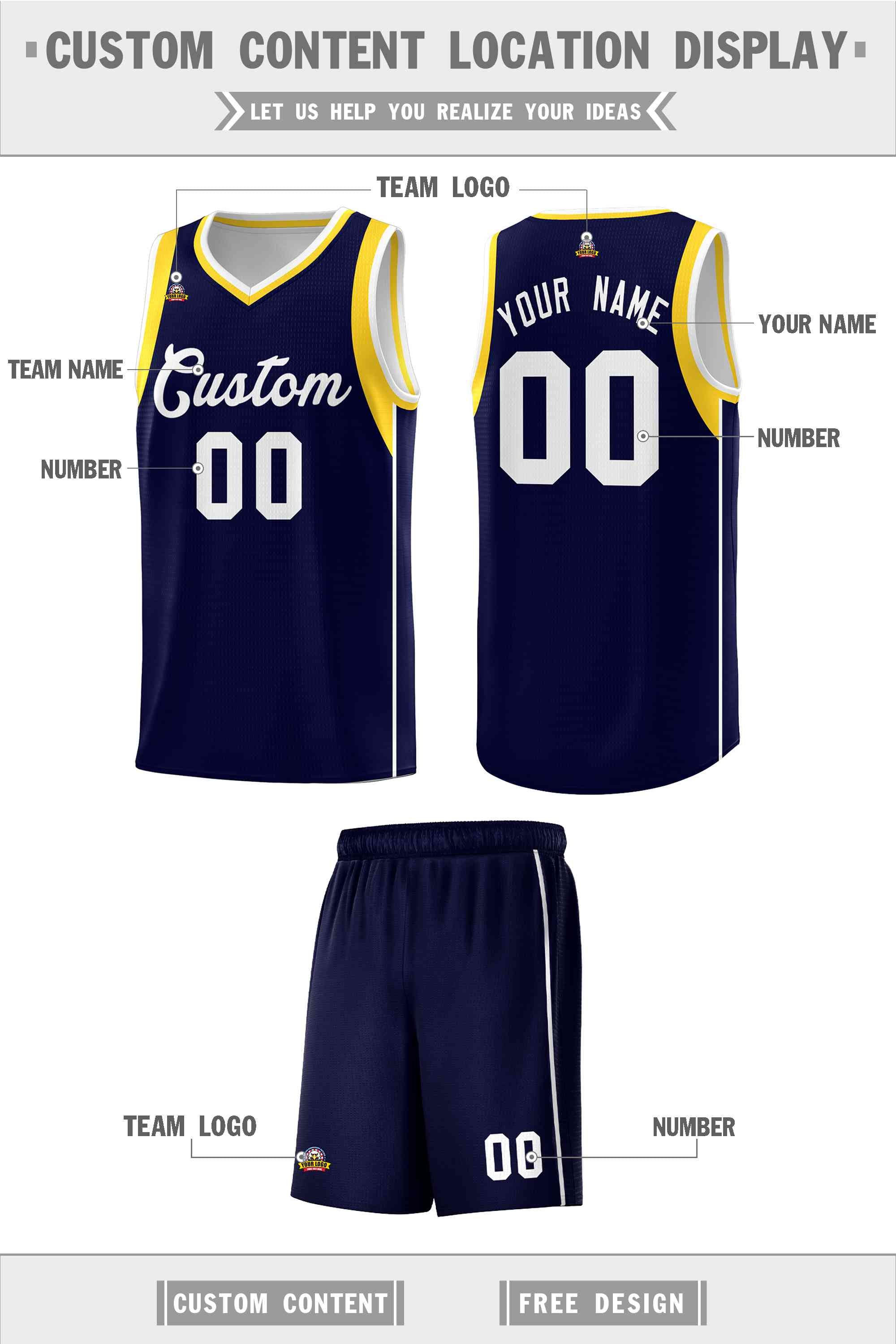 Custom Navy White-Gold Sleeve Color Blocking Classic Sports Uniform Basketball Jersey