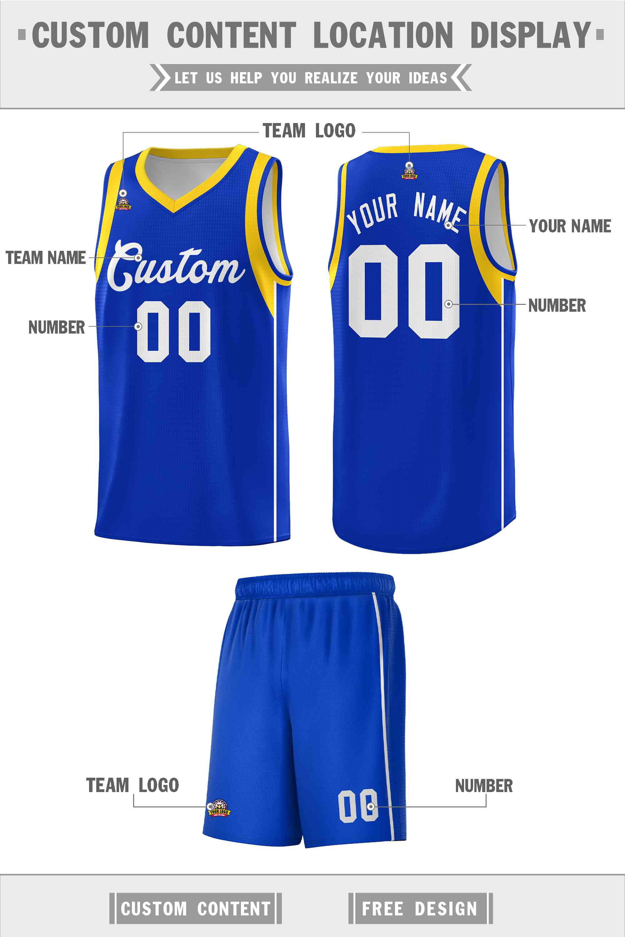 Custom Royal White-Gold Sleeve Color Blocking Classic Sports Uniform Basketball Jersey