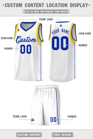 Custom White Royal-Gold Sleeve Color Blocking Classic Sports Uniform Basketball Jersey