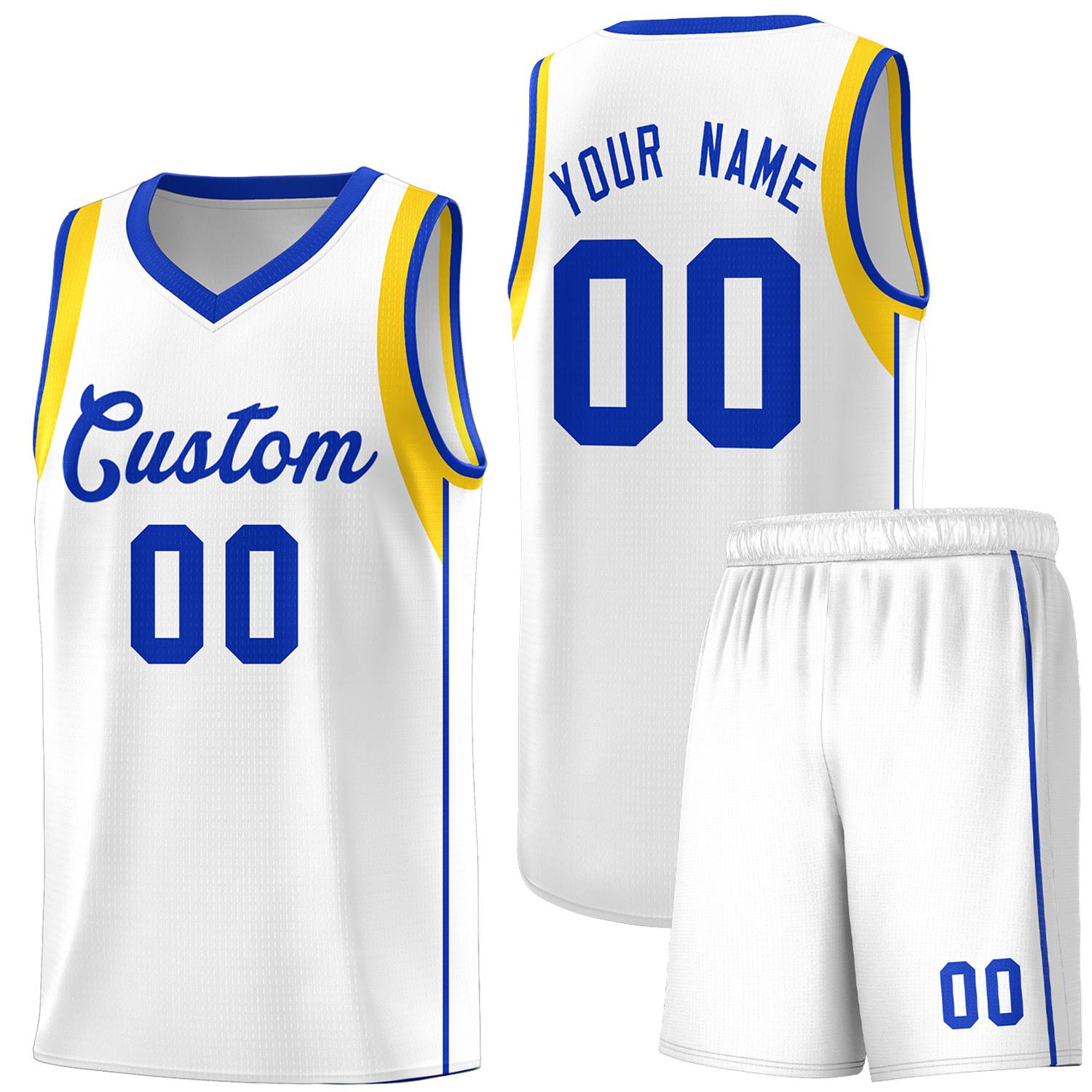 Custom White Royal-Gold Sleeve Color Blocking Classic Sports Uniform Basketball Jersey