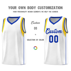 Custom White Royal-Gold Sleeve Color Blocking Classic Sports Uniform Basketball Jersey