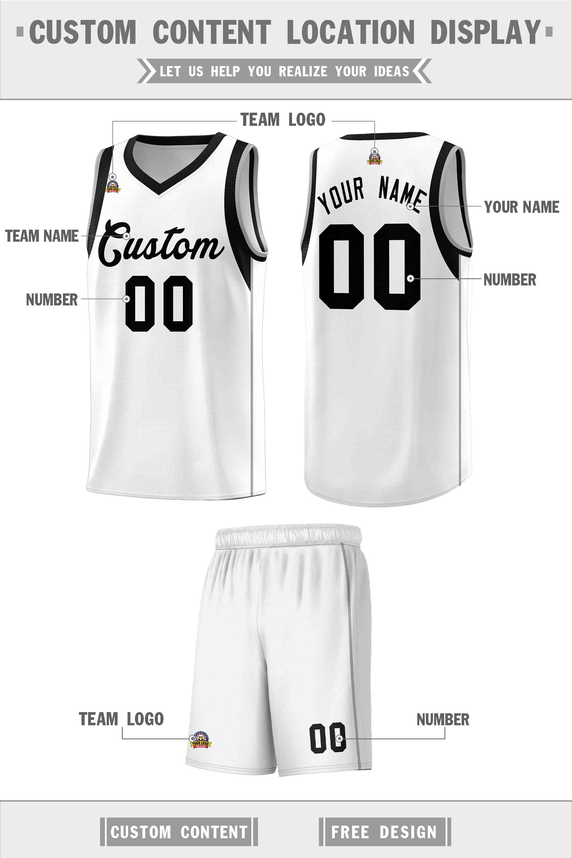 Custom White Black Sleeve Color Blocking Classic Sports Uniform Basketball Jersey