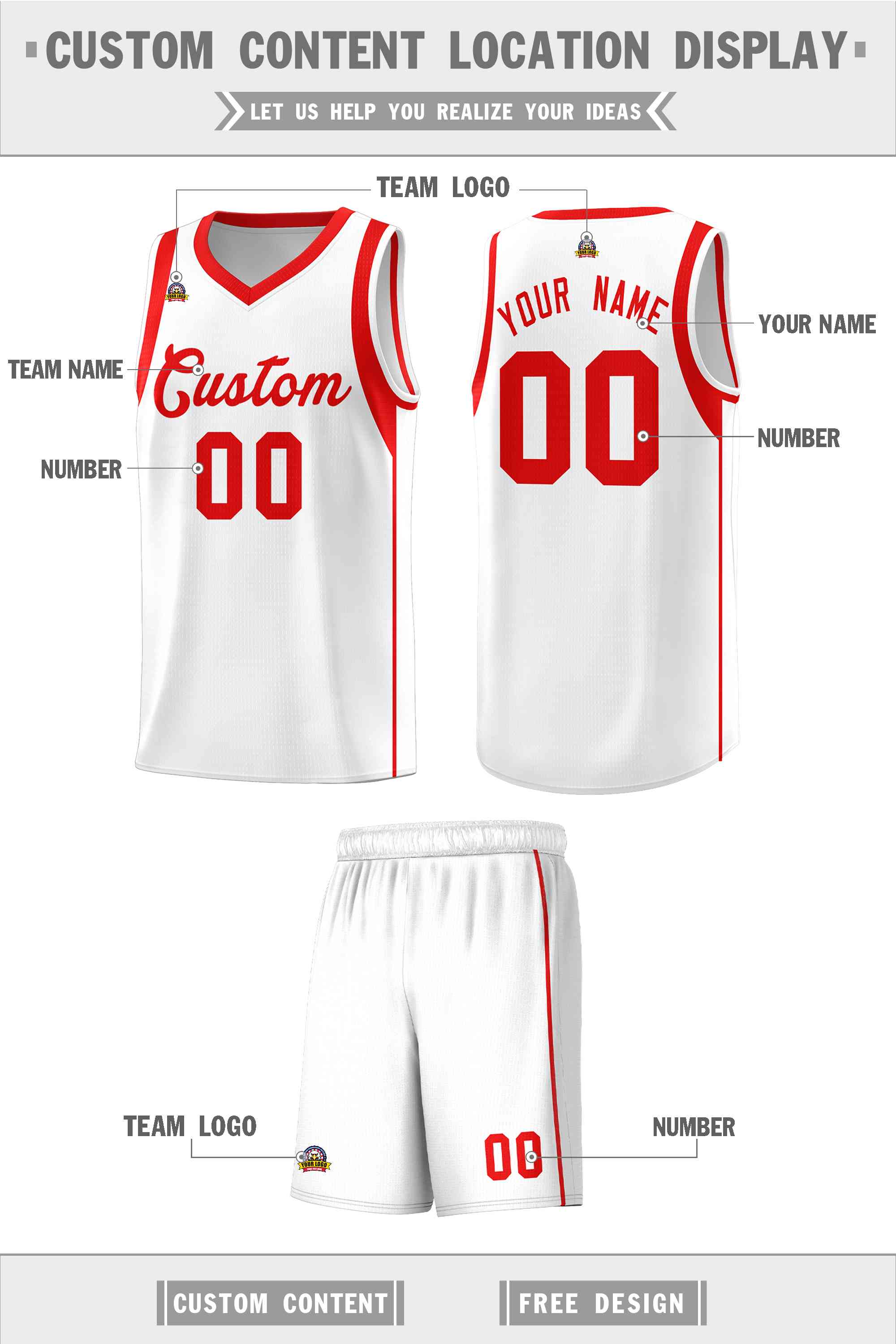 Custom White Red Sleeve Color Blocking Classic Sports Uniform Basketball Jersey