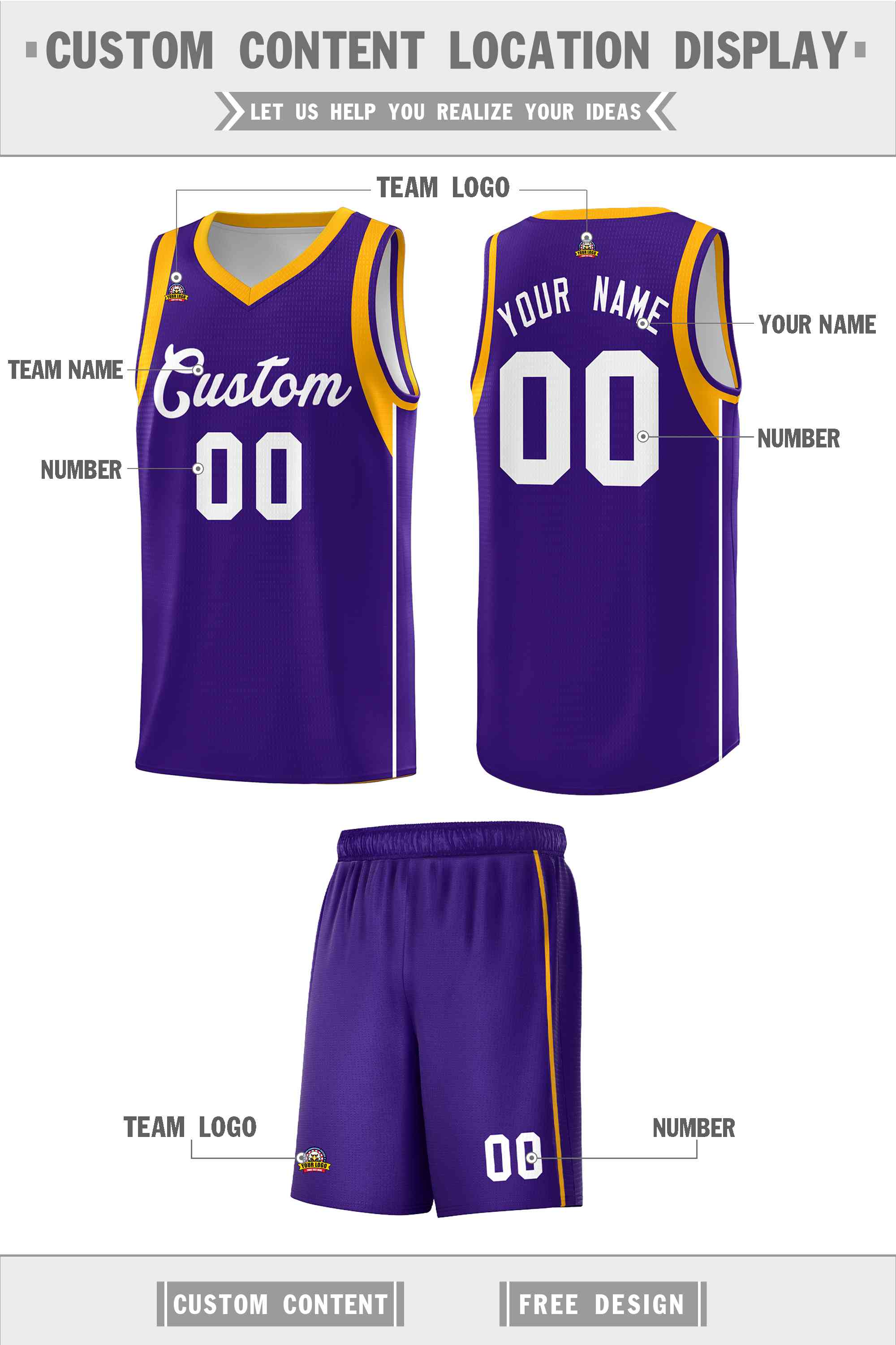 Custom Purple White-Gold Sleeve Color Blocking Classic Sports Uniform Basketball Jersey