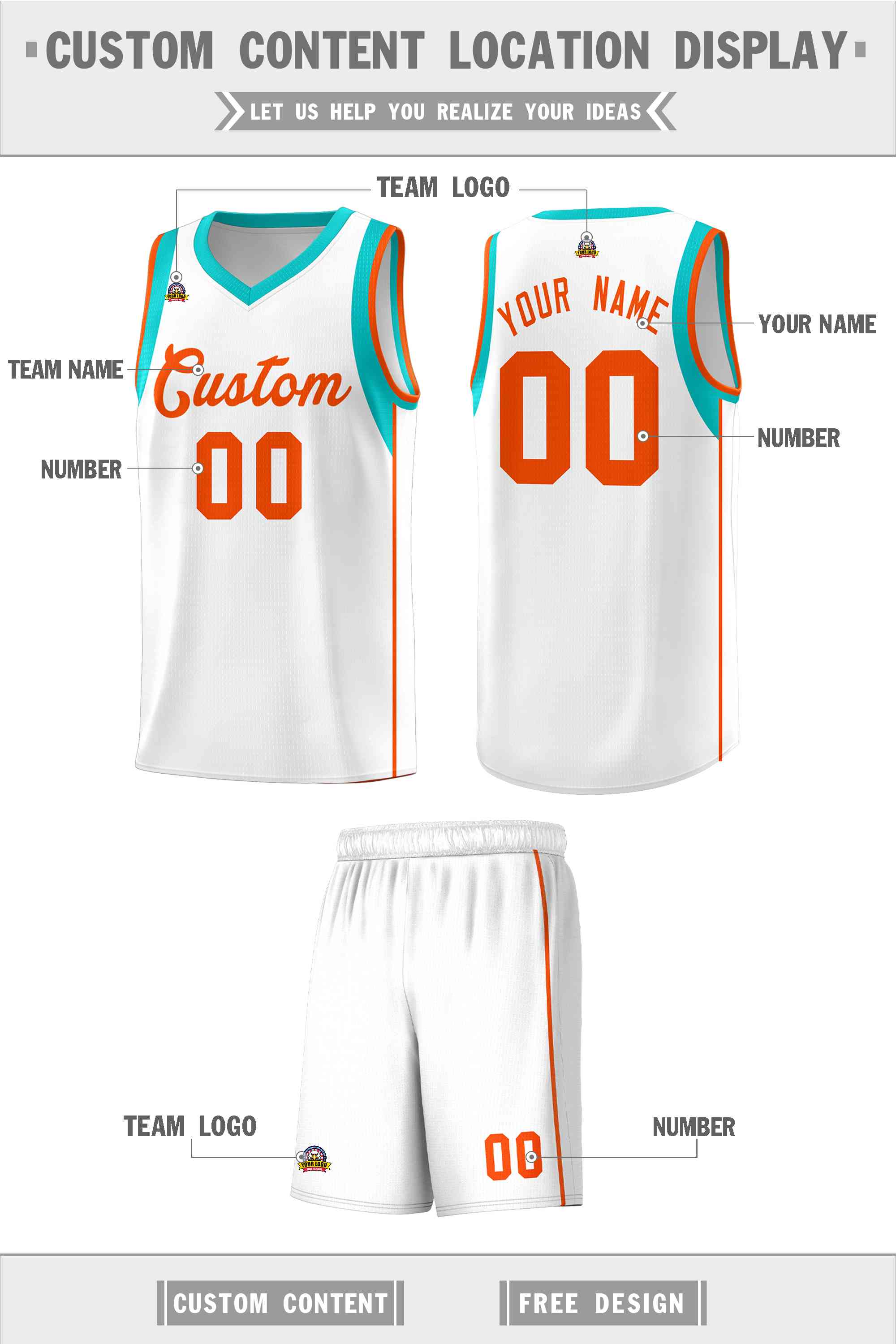 Custom White Orange Sleeve Color Blocking Classic Sports Uniform Basketball Jersey