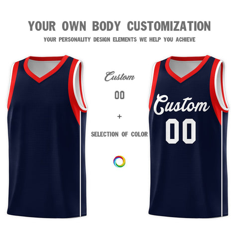 Custom Navy White-Red Sleeve Colorblocking Classic Sports Uniform Basketball Jersey