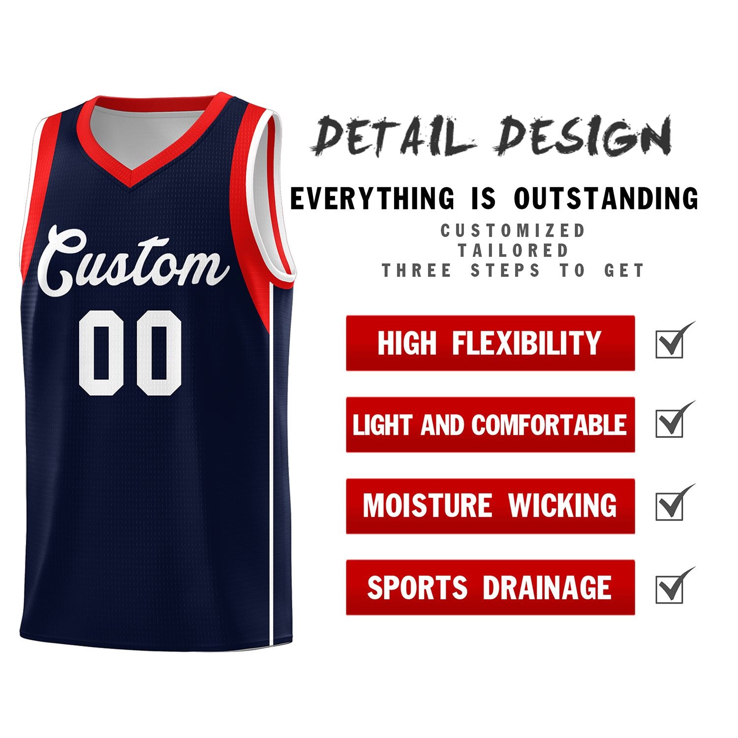 Custom Navy White-Red Sleeve Color Blocking Classic Sports Uniform Basketball Jersey