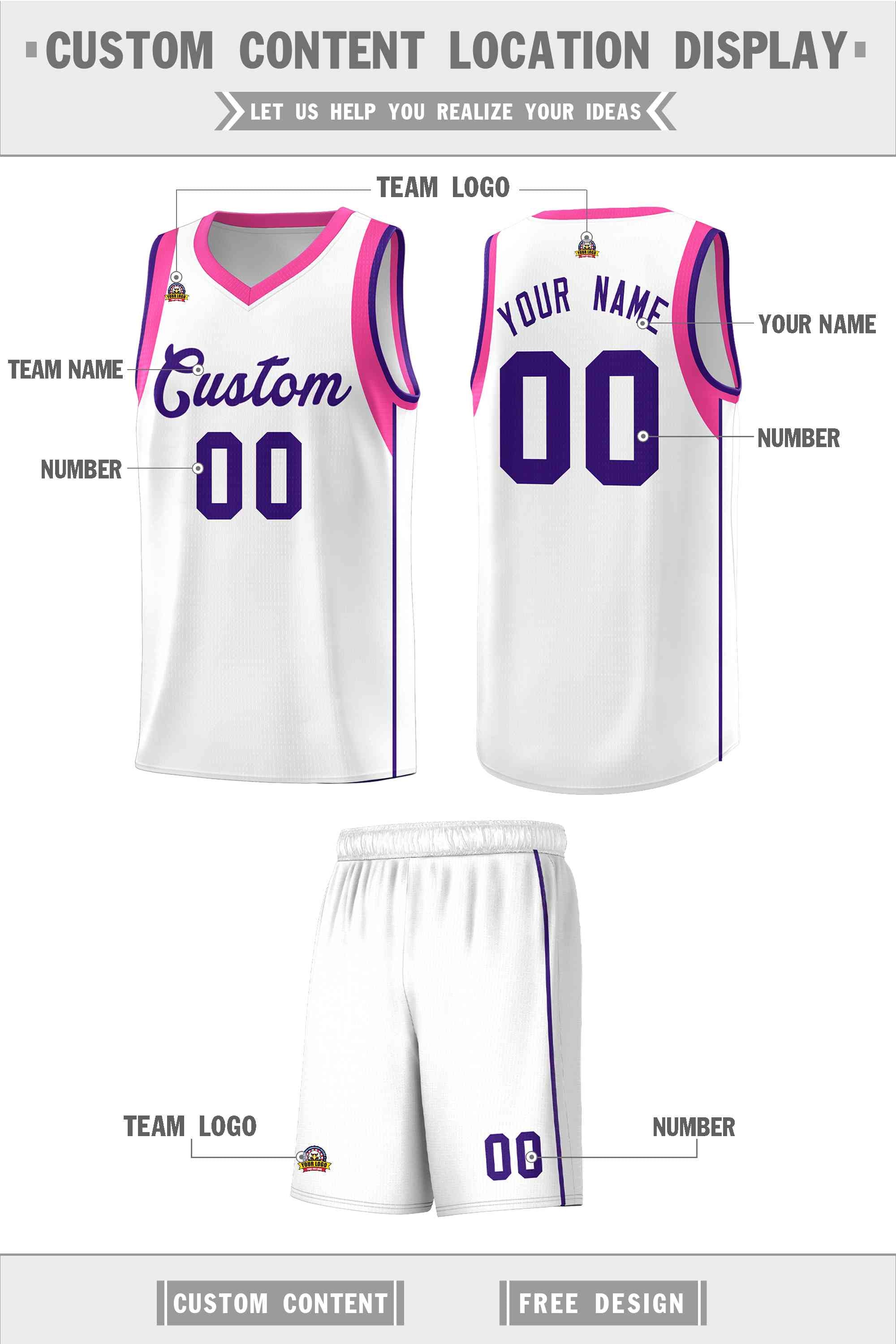 Custom White Purple Sleeve Color Blocking Classic Sports Uniform Basketball Jersey