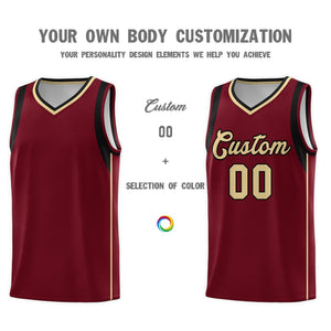 Custom Crimson Khaki Black Sleeve Color Blocking Classic Sports Uniform Basketball Jersey