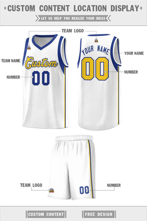 Custom White Royal-Gold Sleeve Color Blocking Classic Sports Uniform Basketball Jersey