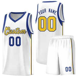 Custom White Royal-Gold Sleeve Color Blocking Classic Sports Uniform Basketball Jersey