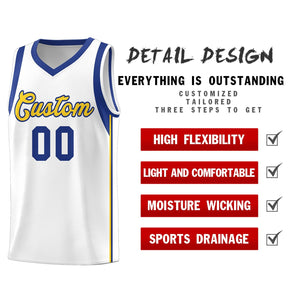 Custom White Royal-Gold Sleeve Color Blocking Classic Sports Uniform Basketball Jersey