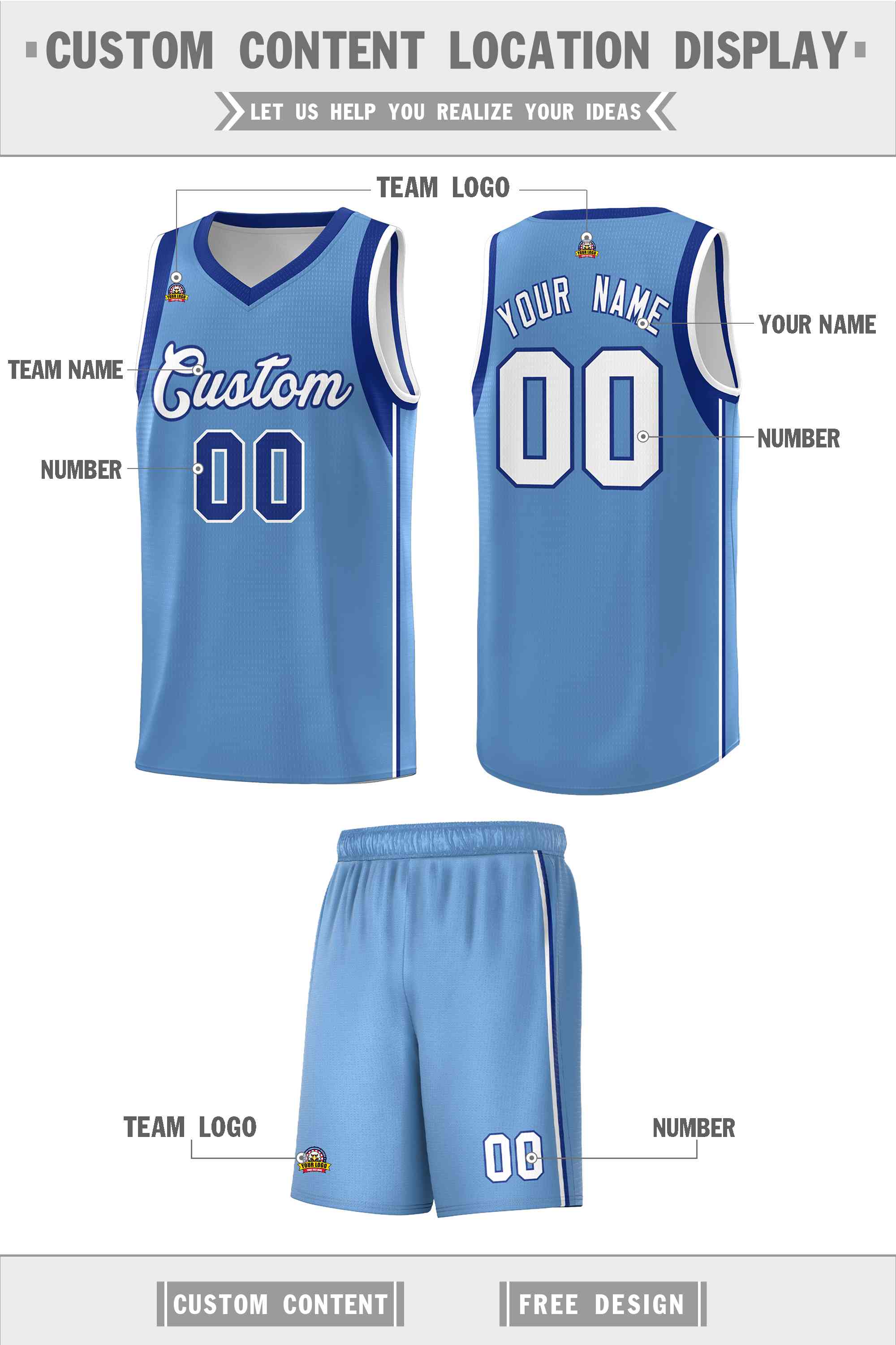 Custom Powder Blue Royal-White Sleeve Color Blocking Classic Sports Uniform Basketball Jersey