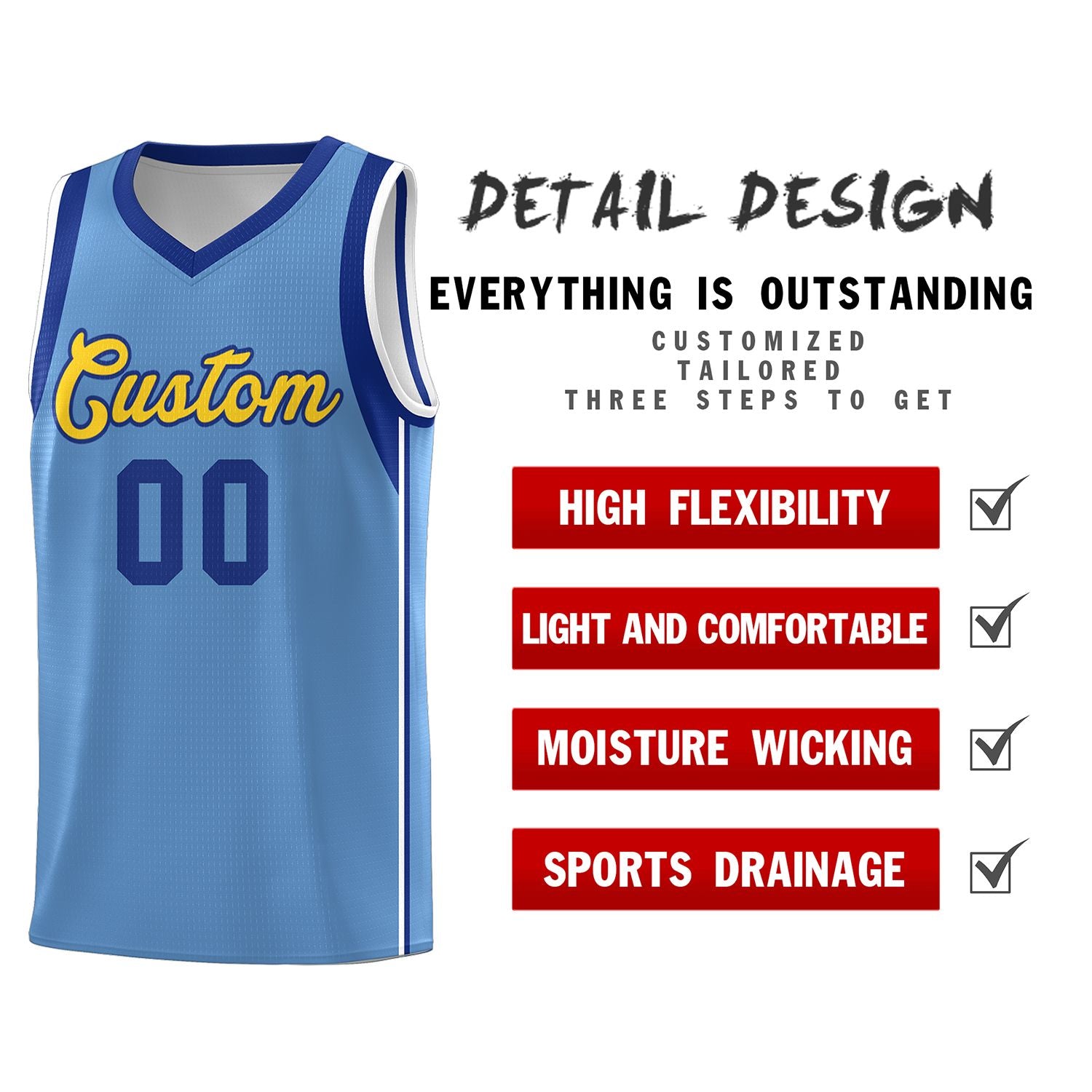 Custom Powder Blue Royal-Gold Sleeve Color Blocking Classic Sports Uniform Basketball Jersey